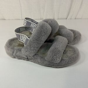 UGG Oh Yeah Gray Fluffy Slide Sandals Slippers Women's Size 8 Strappy Platform
